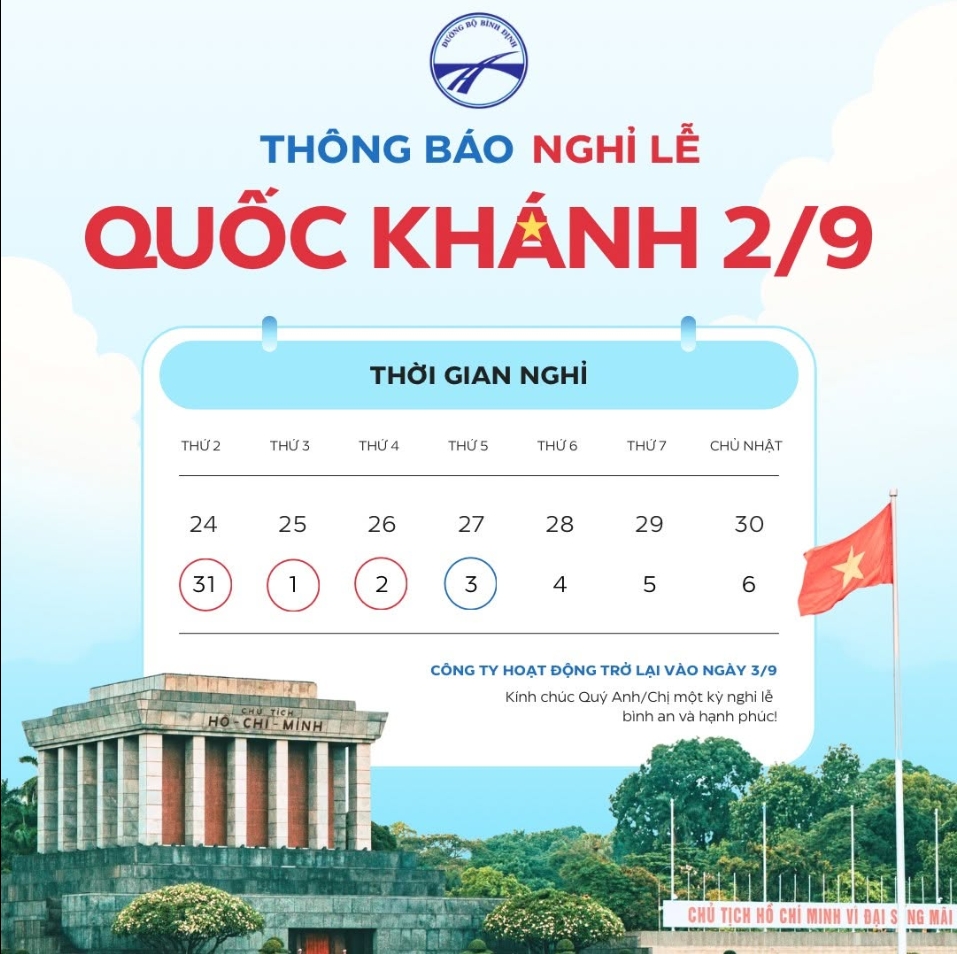 THÔNG BÁO LỊCH NGHỈ LỄ QUỐC KHÁNH 2/9